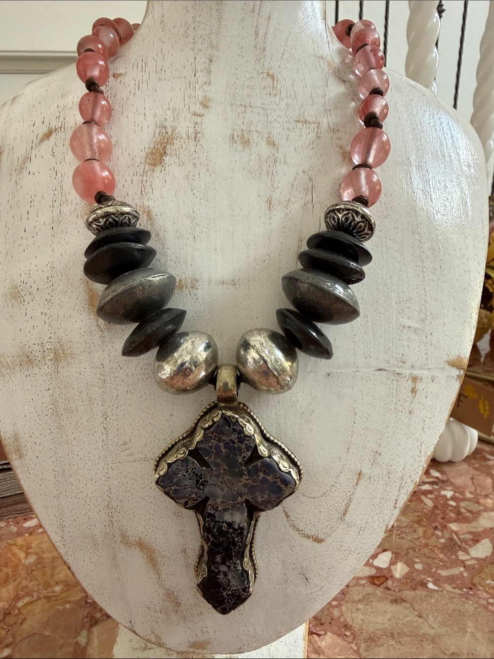 Statement Pink Bead Necklace with Silver-Cross Pendant